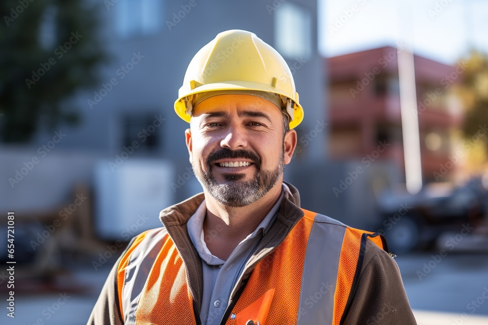 Worker man in safety helmet smiling in front of building under construction Worker man in safety helmet smiling in front of building under construction