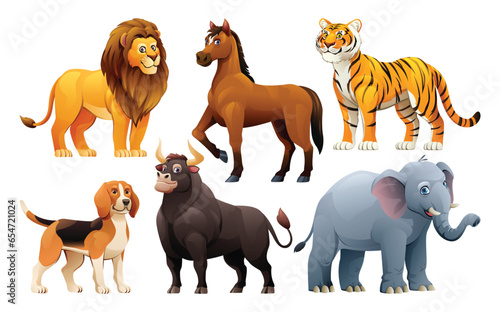 Set of animals vector cartoon illustration. Lion, horse, tiger, dog, bull and elephant