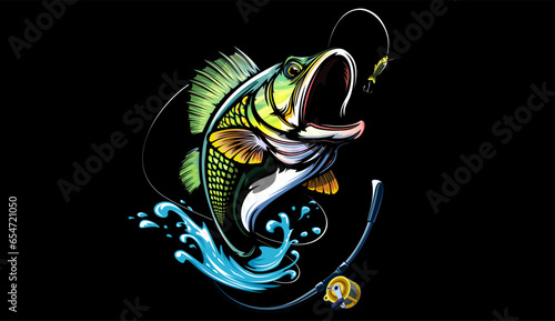 Fishing bass logo. Bass fish with rod club emblem. Fishing theme illustration. Fish Isolated on white.
