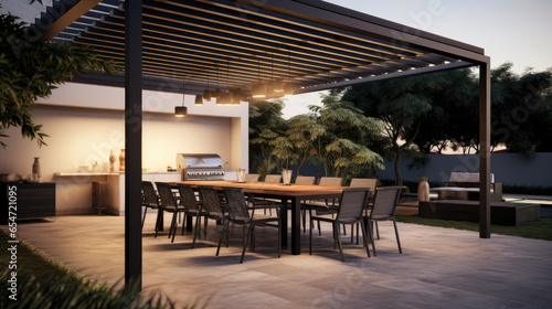 Pergola, Awning, Roof, Dining Table, Seats, and Metal Grill