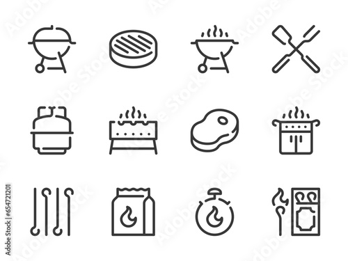 Barbecue and Grill vector line icons. Grilling and BBQ outline icon set. Outdoor Cooking, Meat, Steak, Charcoal Bag, Gas Grill Fuel and more.