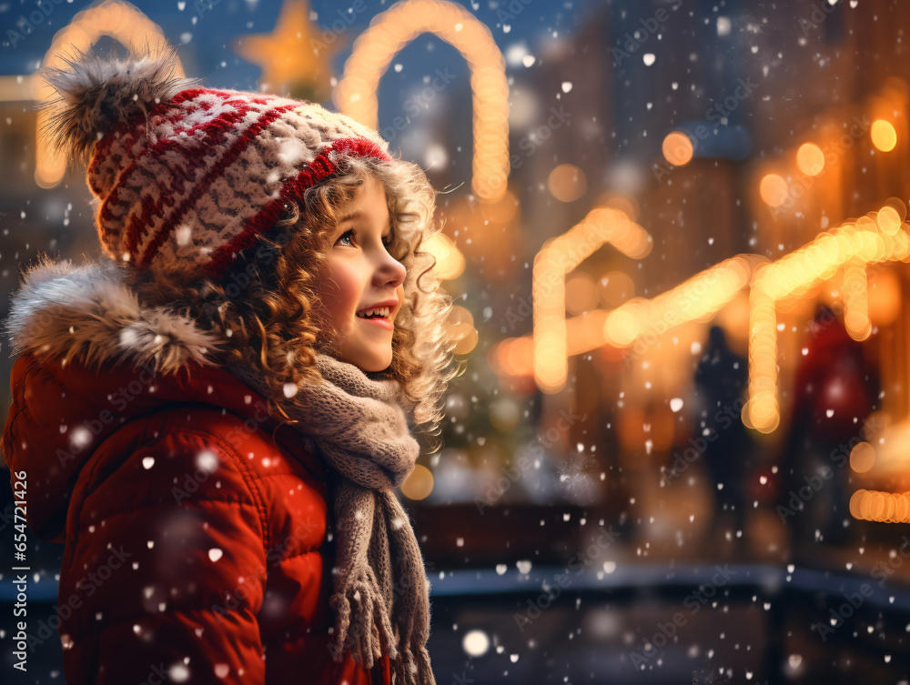 A side profile of girl child standing next to a Christmas tree in the city, snow in the city square, christmas market, winter season, happy holidays - obrazy, fototapety, plakaty 