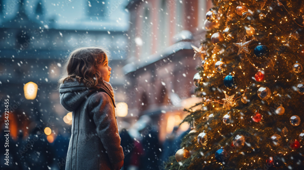 A side profile of girl child standing next to a Christmas tree in the city, snow in the city square, christmas market, winter season, happy holidays - obrazy, fototapety, plakaty 