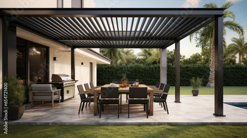 Pergola, Awning, Roof, Dining Table, Seats, and Metal Grill