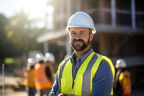 Worker man in safety helmet smiling in front of building under construction
