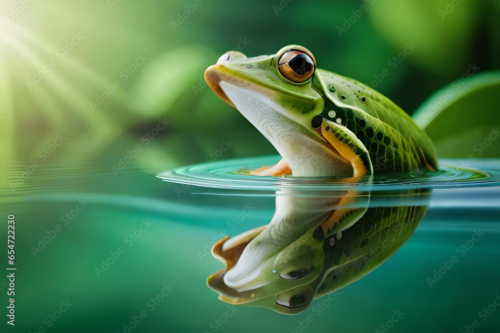 cute frog in the water , close up of the the frog in clean water on leaf Stock Illustration