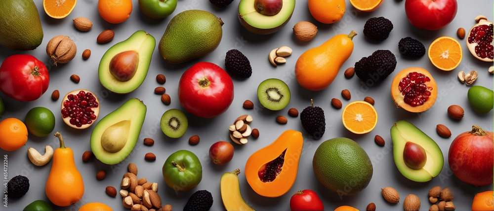 fresh and colorful fruits on gray marble with natural soft light fresh and colorful fruits on gray marble with natural soft light