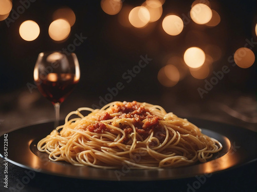 spaghetti with tomato sauce and basil on dark plate at restaurant  blurry background 