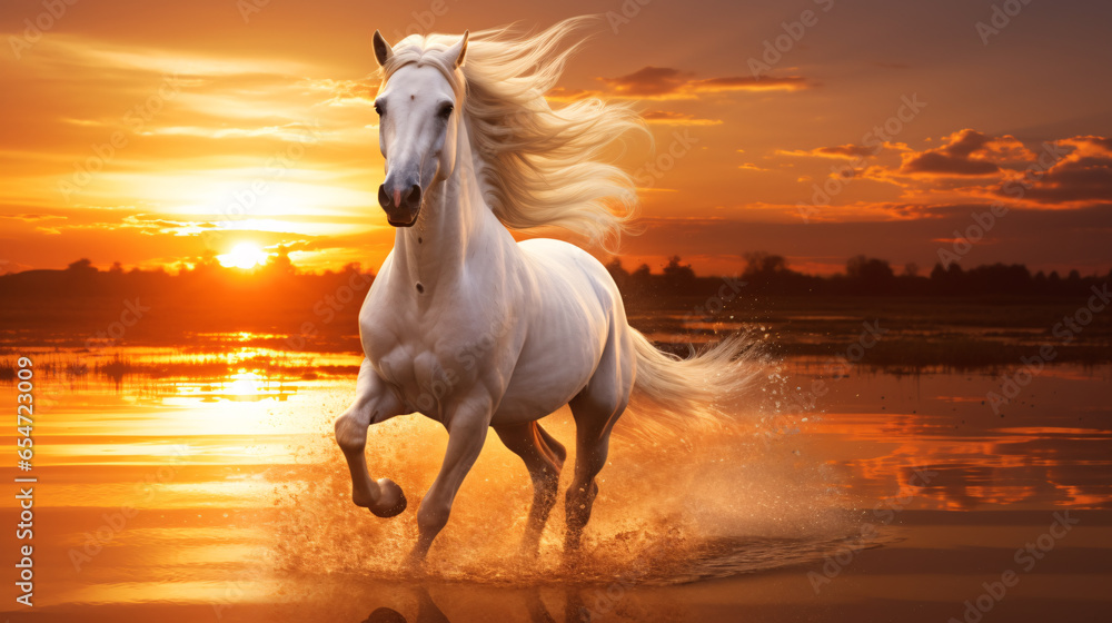 horse running on the river in the sunset horse running on the river in the sunset