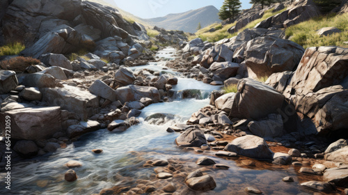 A clear mountain stream contaminated with industrial runoff, emphasizing water pollution 