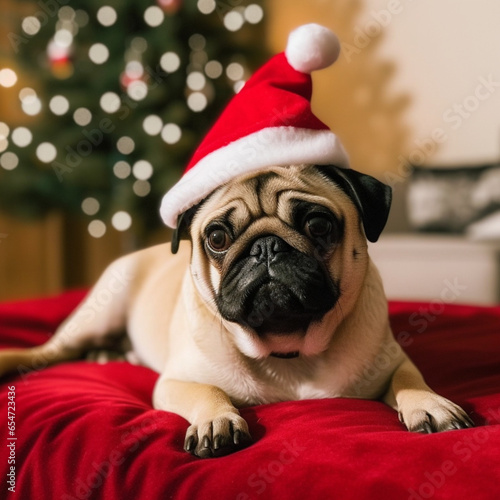 pug in santa hat by a christmas tree, generative ai. © PetPawPix