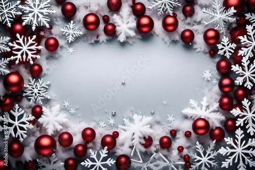 Cherry red Christmas frame of snow and silver snowflakes. Winter holidays greeting card with copy space. New Year.