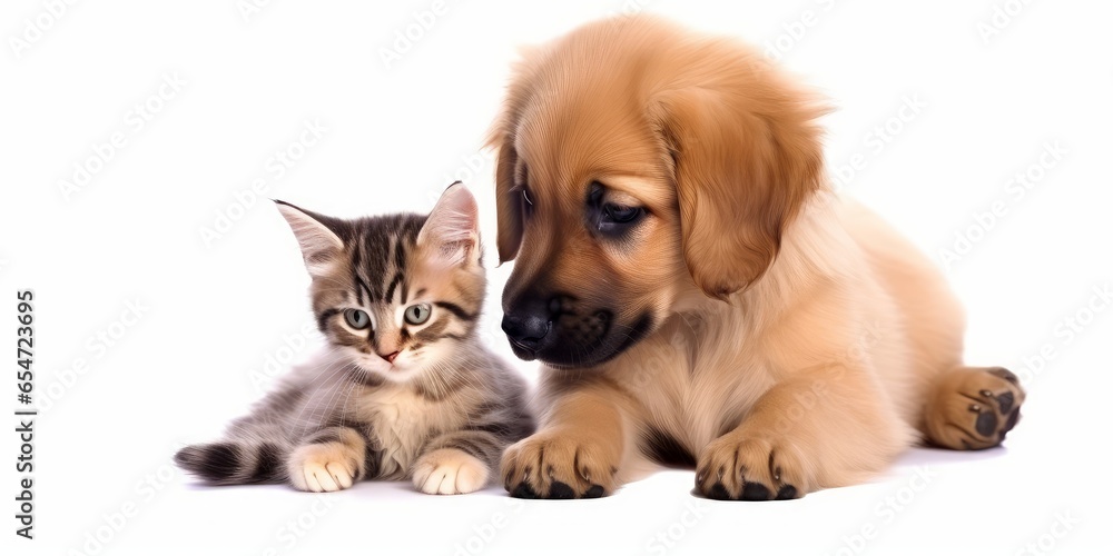 Puppy dog and cute kitten lie together. isolated on white background. PNG. Two puppies. Post-processed, Generative AI 