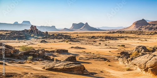 A vast, Arid Desert with Blue Skies. Rocky Desert Landscape photo