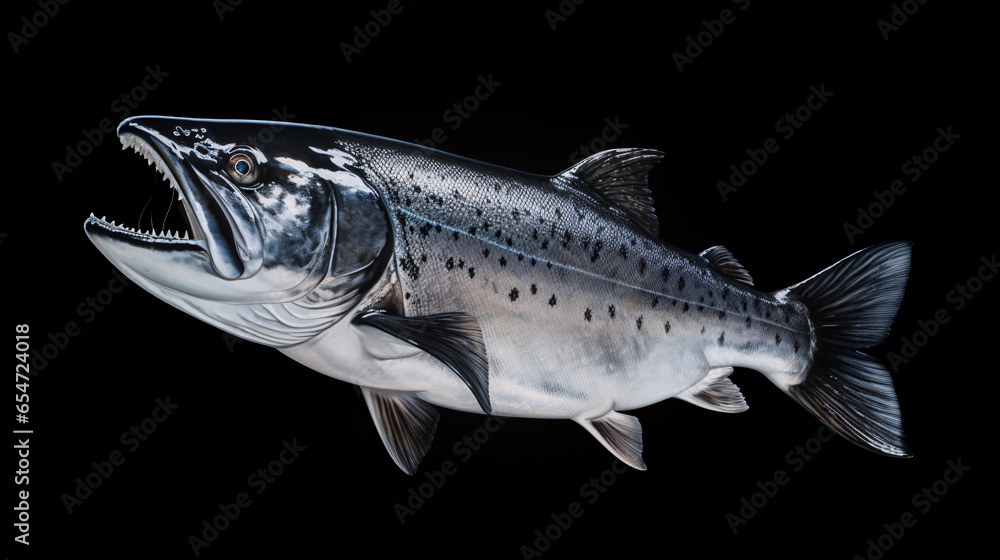 fresh salmon with open mouth and teeth, fish isolated on a black background