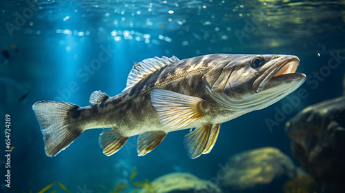 Close-up shot of a zander fish underwater - Sander lucioperca - wild pike perch fish breeding under the surface of the water photo