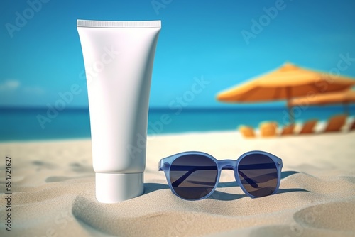 Blank empty white plastic tube. Sunscreen lotion on sandy beach  summer composition with sunglasses  blue sea as background  copy space. Summer vacation and skin care concept  Generative AI 