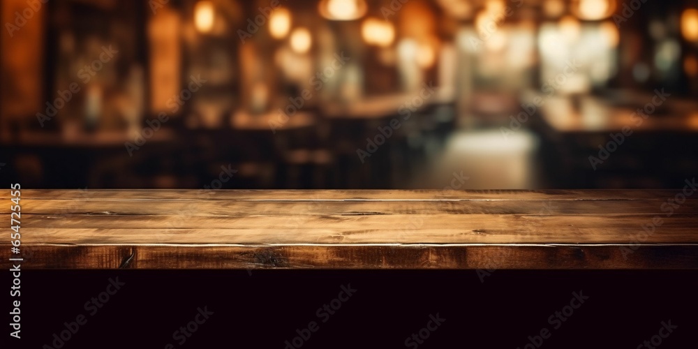 Empty Wooden Table with Bokeh Cafe Background and Golden Lights