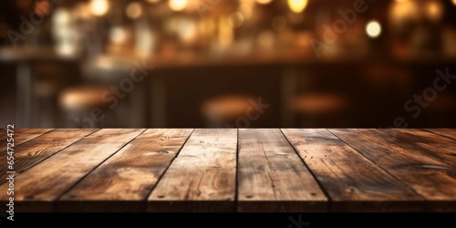 Empty Wooden Table with Bokeh Cafe Background and Golden Lights © Resdika