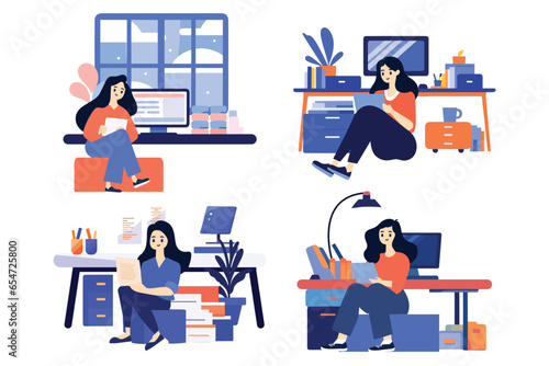 Hand Drawn A female character is sitting and reading a book in her office in flat style