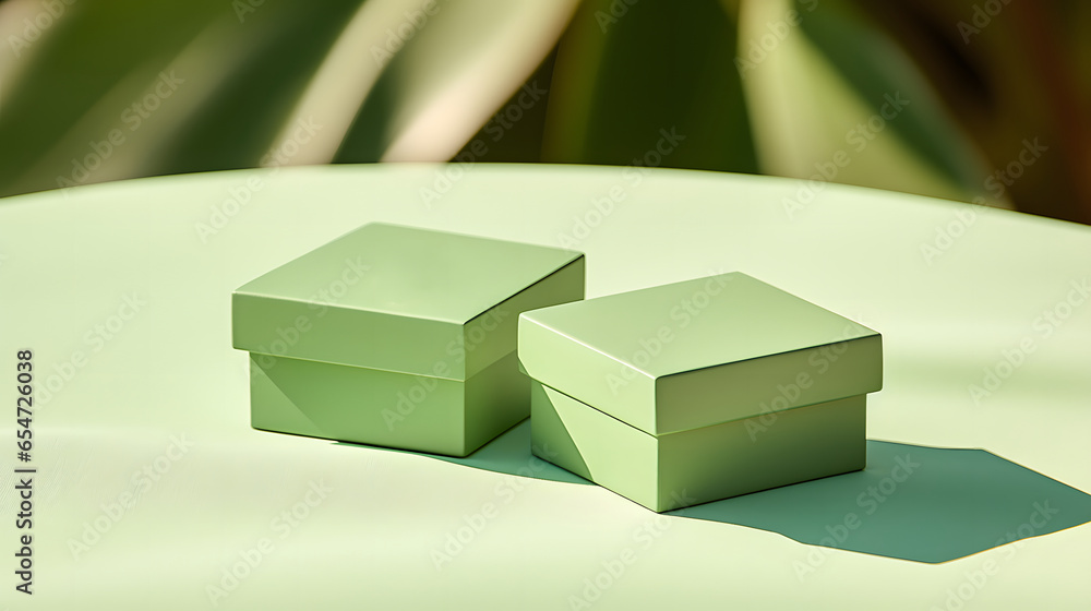 Empty two boxes green on top green table with nature background Stock ...