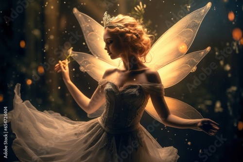Dancing fairy in an enchanted magical forest. Digital artwork, Generative AI photo