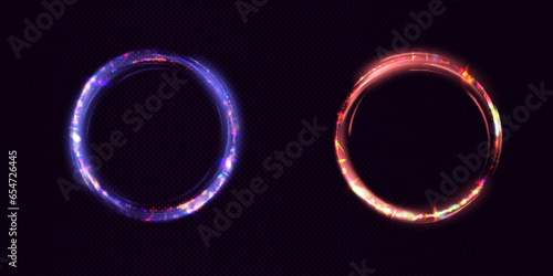 Light round frame. Blue portal with light distortions. Magic circle vector. Round frame with light effect
