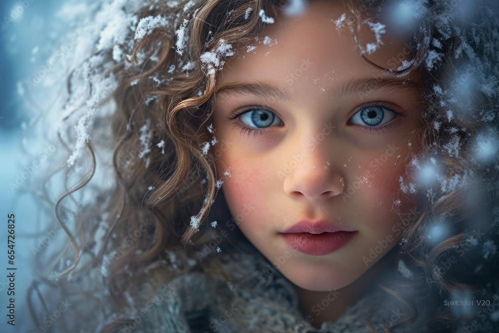 Young girl having snowflakes in her hair