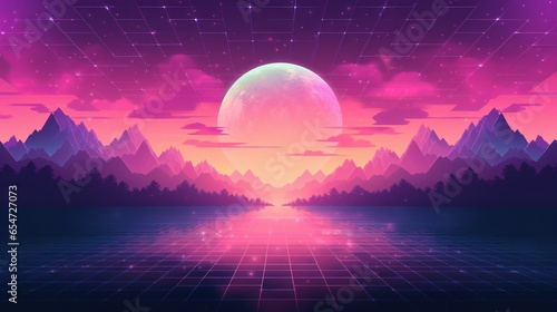 Sunrise or sunset in pixel art 8-bit style, retro wave sci-fi background.