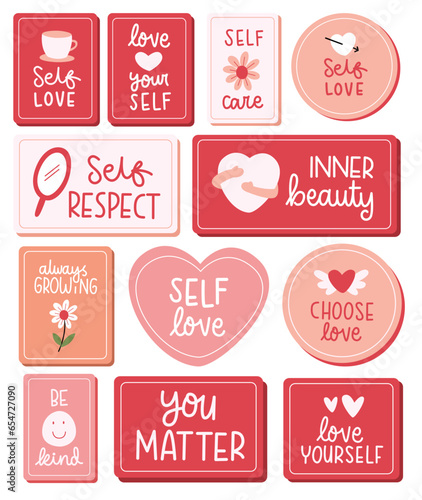Mental health stickers flat vector illustration set. Collection self care and love inspirational quotes. Positive motivation saying for daily planner