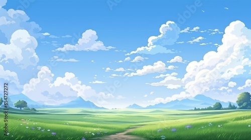 Pixel art landscape with a blue sky, white clouds, and green grass on the ground. This vector illustration is designed for a game interface in 2D style and depicts an environmental scene