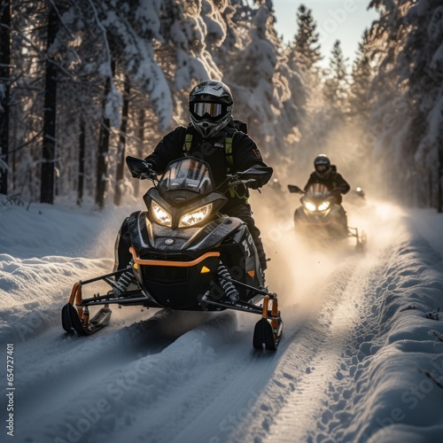 Snowmobiling. Adventurous rides through snowy terrain © olegganko