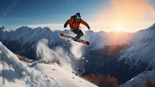 Snowboarding. Thrilling jumps and tricks in snowy terrain © olegganko