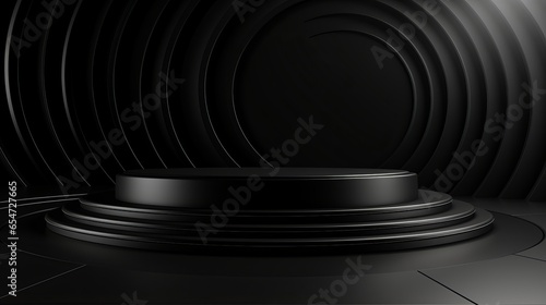 A 3D rendering illustration of an abstract branding background featuring a black podium, designed for branding presentations and showcasing