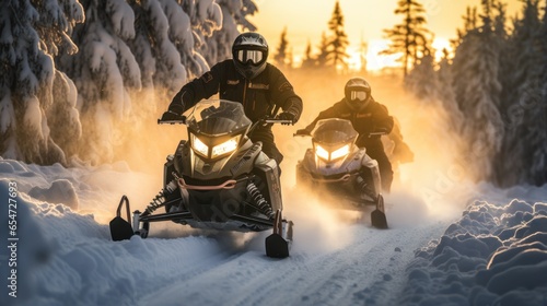 Snowmobiling. Adventurous rides through snowy terrain
