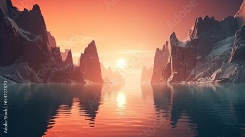3D rendering of a futuristic terrain featuring cliffs and water. A contemporary minimalist abstract backdrop. A serene and spiritual Zen-inspired wallpaper illuminated by the soft light of either a su