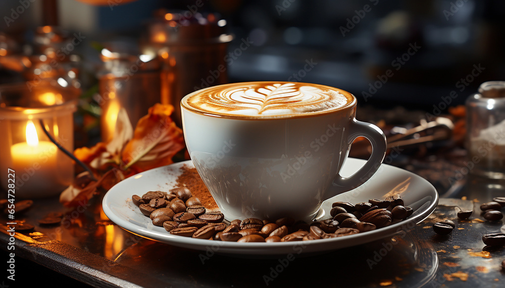 Cup of cappuccino with latte art on table Cup of cappuccino with latte art on table