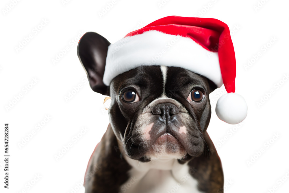 Cute dog wearing Christmas Santa Claus hat on a white background studio shot isolated PNG