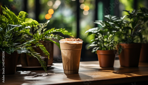 Coffee in plastic cup on wooden table in coffee shop.