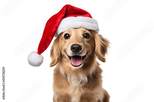 Stampa su tela Cute dog wearing Christmas Santa Claus hat on a white background studio shot iso