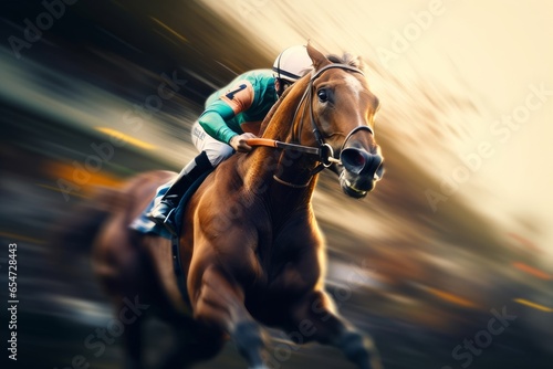 Jockey on racing horse. Champion. Hippodrome. Racetrack. Horse riding.  Derby. Speed. Blurred movement. Digital ai art, Generative AI  photo