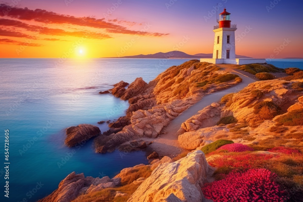 Colorful morning scene of Sardinia, Italy, Europe. Fantastic sunrise on Capo San Marco Lighthouse on Del Sinis peninsula. Picturesque seascape of Mediterranea. Digital, Generative AI 