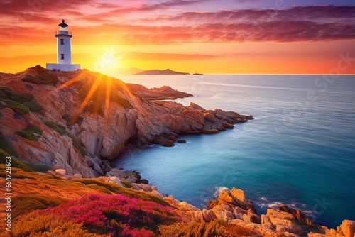 Colorful morning scene of Sardinia, Italy, Europe. Fantastic sunrise on Capo San Marco Lighthouse on Del Sinis peninsula. Picturesque seascape of Mediterranea. Digital, Generative AI 