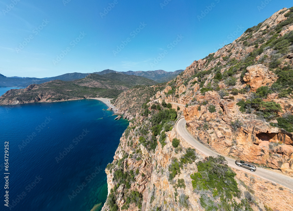 Aerial drone view of the Calanches of Piana on Corsica island, France