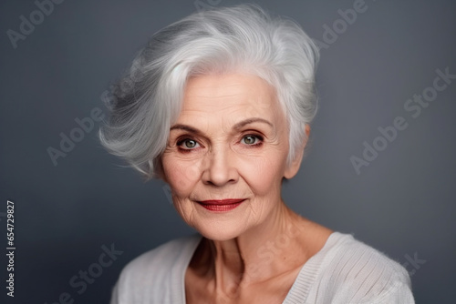 Portrait of a beautiful elderly woman with short gray hair on a gray background