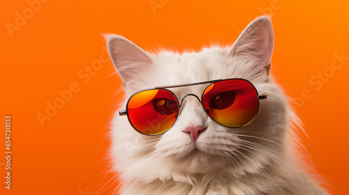 front view of a charming cute white cat wearing vibrant sunglasses, isolated on orange background