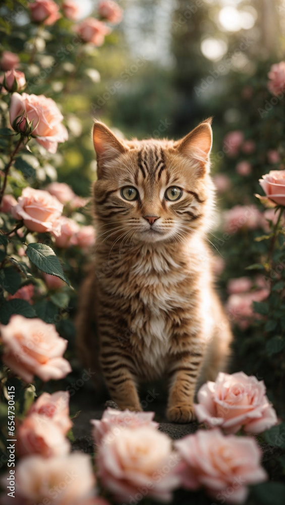 Fototapeta premium Gattino nel giardino delle rose rosa