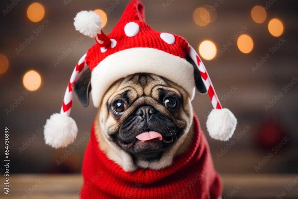 This delightful image features a playful pug donning a festive hat, capturing the essence of holiday antics and the sheer joy of a Christmas-themed pet - created with AI technology
