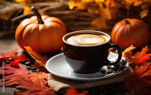 A cup of coffee surrounded by autumn leaves and pumpkins on a wooden surface