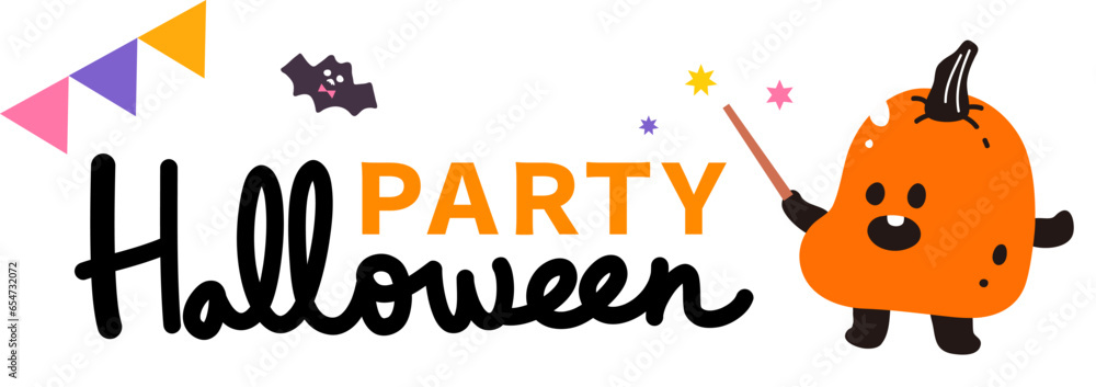 Halloween party invitation card cute cartoon character illustration. pumpkin bat magic poster sale template banner